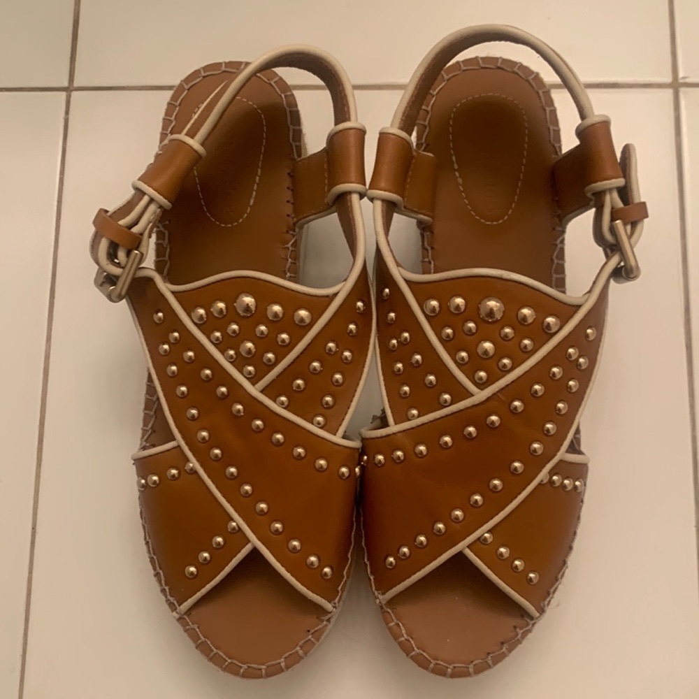 See by Chloé tan Pia Studded Leather Espadrille Platform Sandals